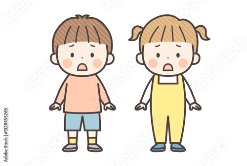困り顔の男の子と女の子の全身イラスト