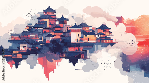 Digital illustration depicting a city nestled amongst clouds. The style mimics a watercolor painting with soft, blended colors of pinks, purples, blues, and oranges.  Buildings are depicted in an