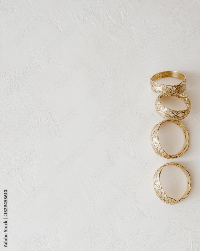 Four textured gold rings on a light surface. fashion lifestyle. Minimalist concept Four textured gold rings on a light surface. fashion lifestyle. Minimalist concept