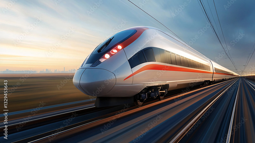 Naklejka premium A sleek high-speed train with a streamlined design races along tracks at sunset with a blurred motion effect creating a sense of speed and power 