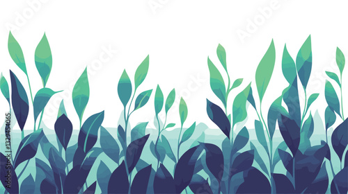 A digital illustration depicting a horizontal border of stylized foliage.  The leaves are rendered in shades of teal, blue-green, and light green, with a gradient effect creating depth and