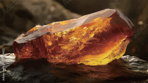 Close-up shot of a piece of amber resting on a dark, textured surface. The amber is irregularly shaped with translucent areas showing variations in color from deep orange-brown to lighter