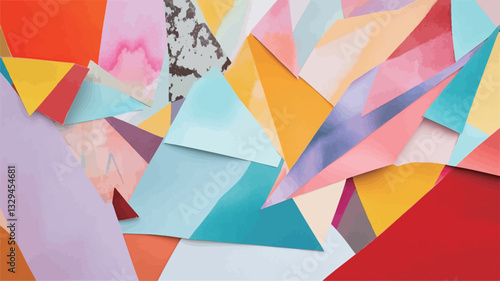 The image is a close-up shot of an abstract collage composed of various brightly colored triangular shapes and textured paper elements.  The colors are predominantly bright and saturated, including