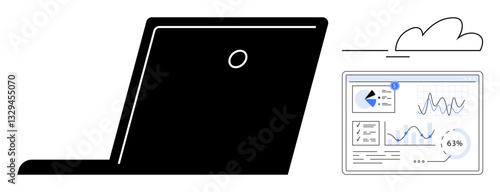 Laptop accessing cloud-hosted analytics, featuring graphs and report elements on screen. Ideal for technology, remote work, cloud computing, data analysis, business strategy, productivity