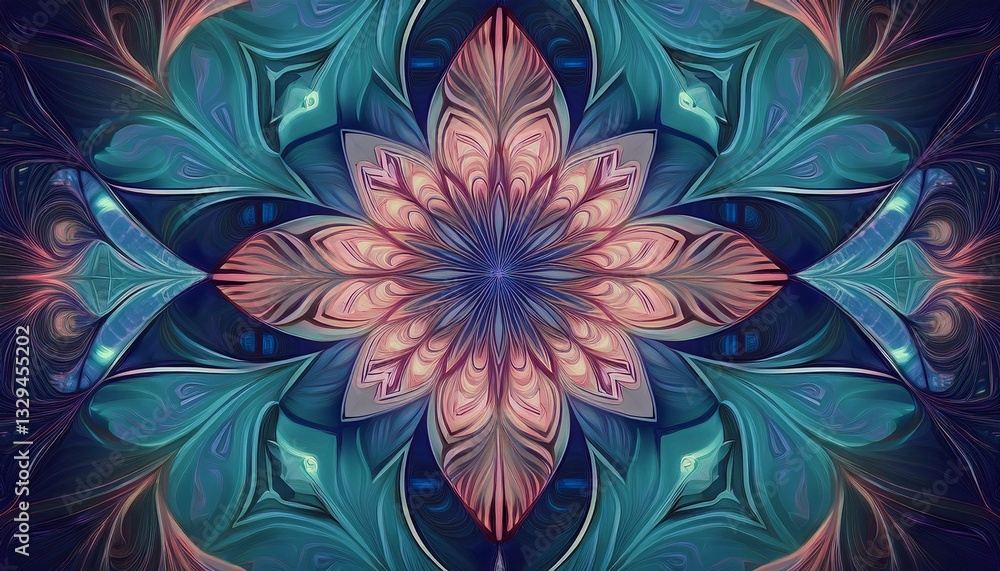 Fototapeta premium Kaleidoscopic pattern reflecting and repeating shapes in infinite symmetrical forms, creating a mesmerizing, dynamic visual effect.