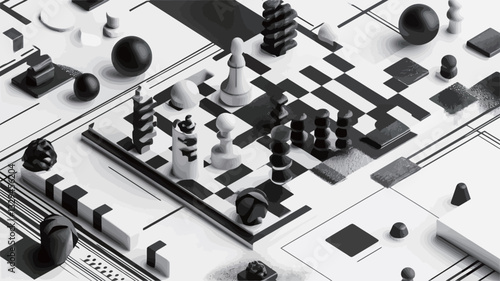 The image presents a stylized, isometric view of a chessboard.  The chess pieces and board are rendered in a three-dimensional, abstract manner, with various geometric shapes and patterns