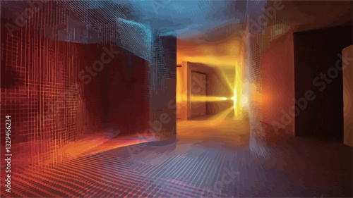 The image shows an interior hallway or corridor with highly dynamic and abstract lighting.  The walls are textured, appearing to be composed of a material with a repeating pattern.  The lighting is