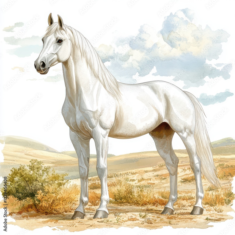 Obraz premium An elegant horse standing proudly against a backdrop of rolling hills, its coat shimmering under the clear sky, watercolor clip art, isolated on white background