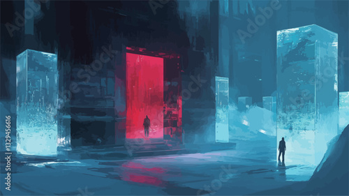 The artwork is a digital painting depicting a futuristic cityscape at night.  The scene is dominated by cool blues and a contrasting warm red.  Geometric shapes, resembling ice crystals or glowing