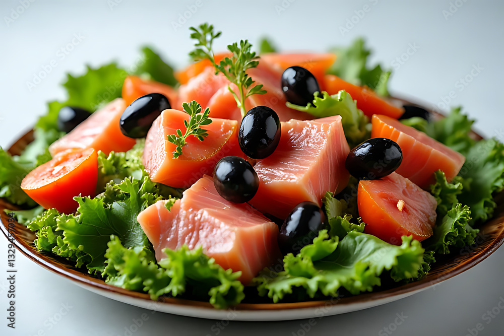 Fresh salad with salmon and black olives kitchen food photography natural light culinary art Fresh salad with salmon and black olives kitchen food photography natural light culinary art