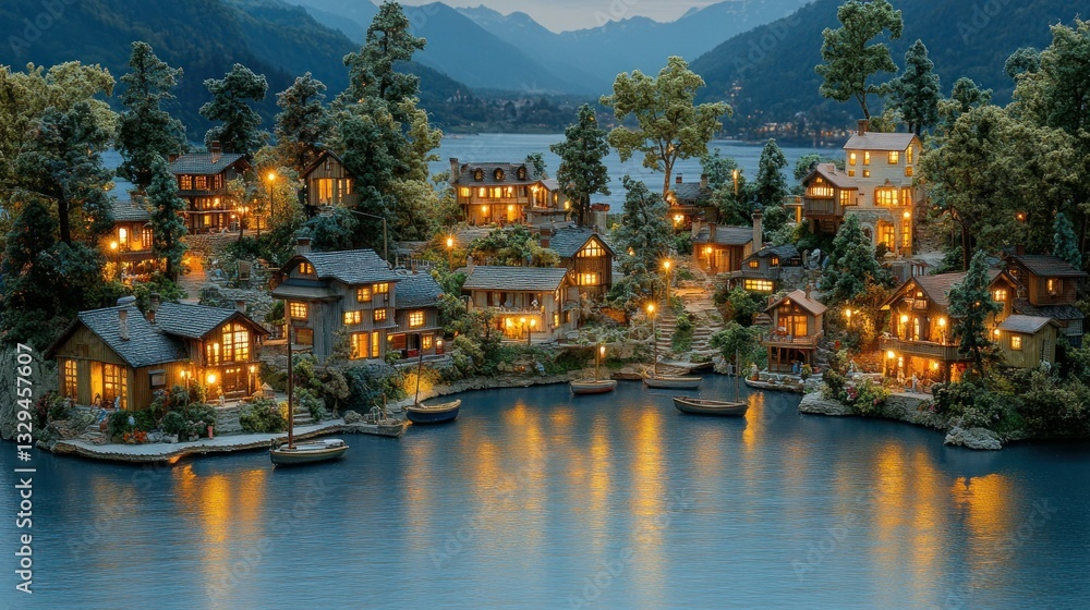 Obraz premium Miniature lakefront village at twilight