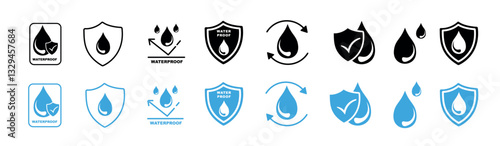 Waterproof icons depicting water resistance and durability, black and blue