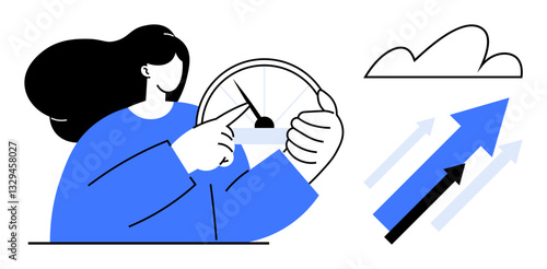 Woman interacting with a speed gauge, pointing towards optimization. Arrows rising diagonally, representing acceleration, improvement, growth, business success, personal development. Ideal