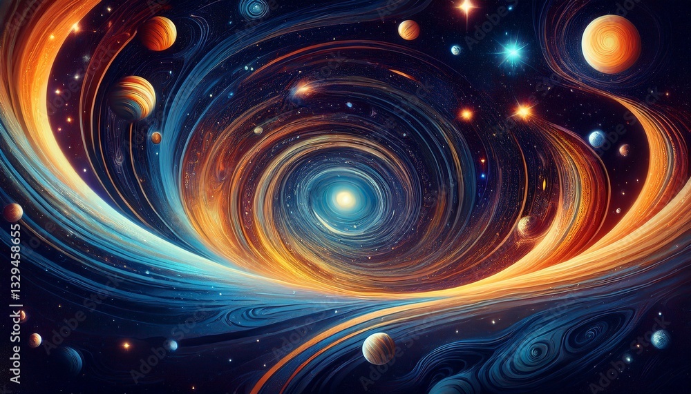 Infinite space patterns, dotted with stars and distant planets, swirling in a galaxy-like formation, evoking a sense of cosmic wonder.
Infinite space patterns, dotted with stars and distant planets, swirling in a galaxy-like formation, evoking a sense of cosmic wonder.