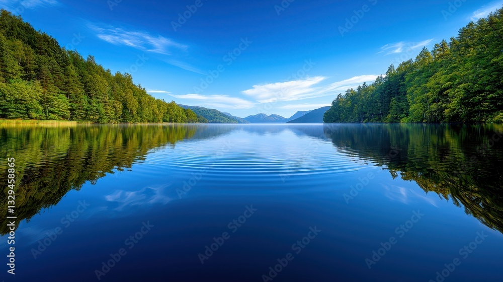 Obraz premium Serene Lake Reflections Amidst Lush Green Mountains