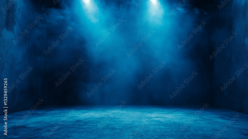 Fototapeta premium Abstract Blue Studio Room with Neon Spotlight for Product Display - Dark 3D Render.