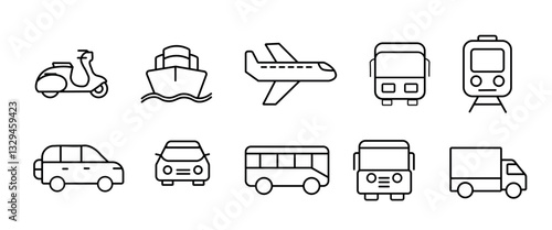 Outline icons showing different transportation methods including land, sea and air