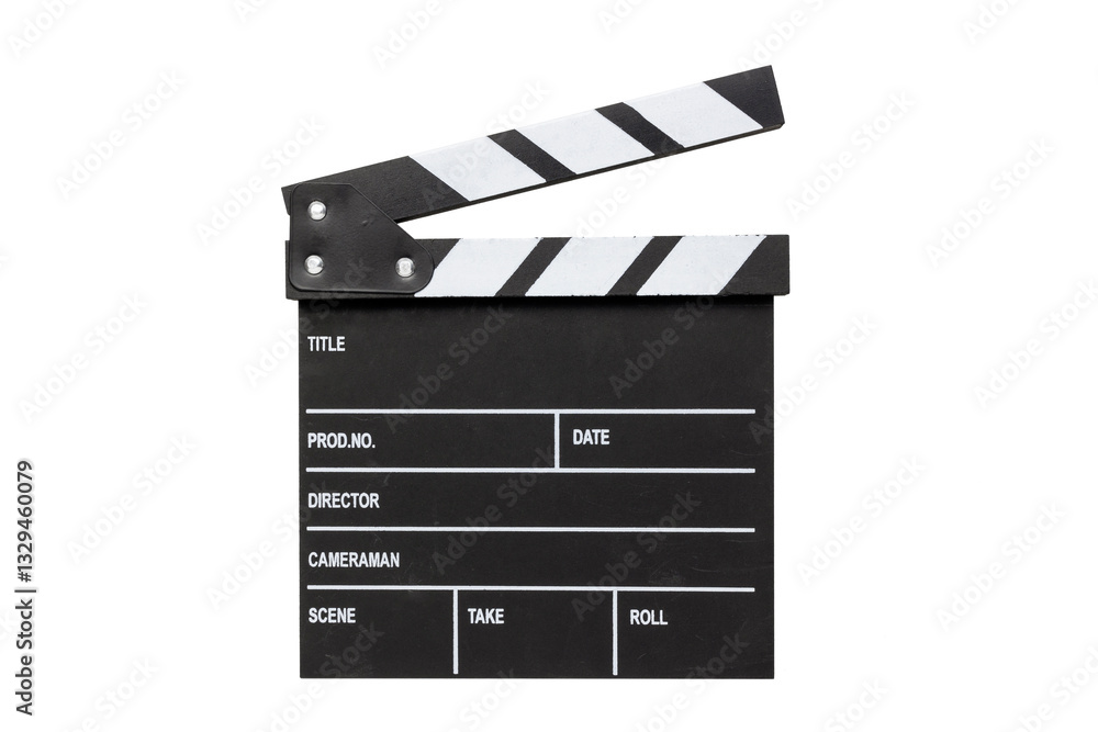 Obraz premium A classic black and white film clapperboard with the top stick raised, isolated on a white background. It's a symbol of film making and the movie industry.