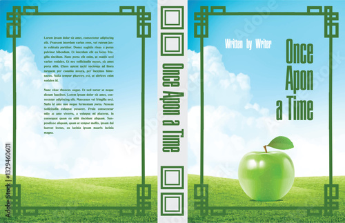 014-23-Book cover design featuring a green apple, rolling green hills, blue sky, and decorative border