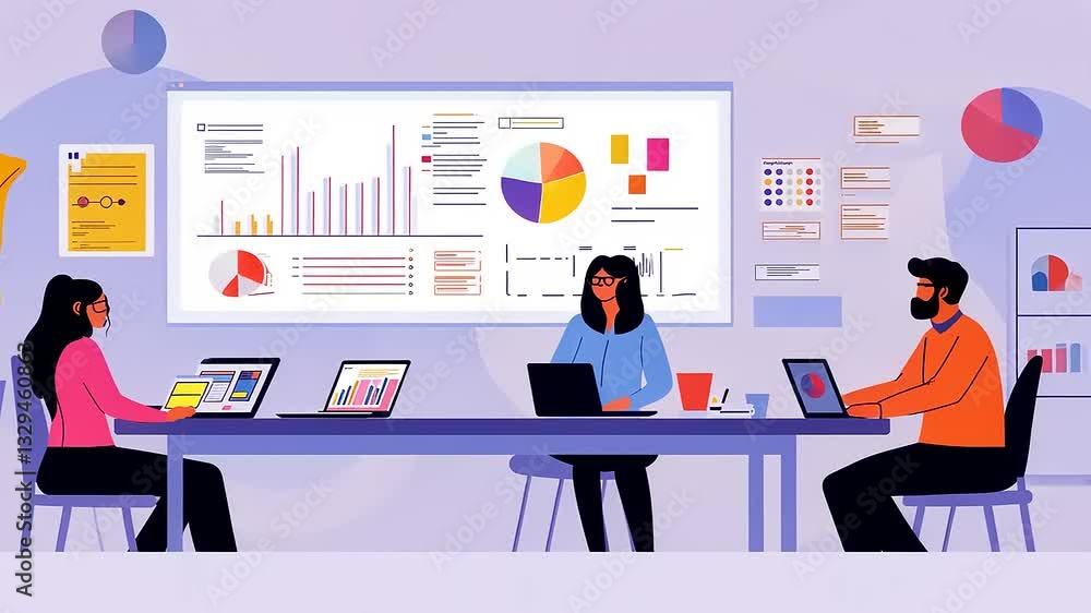 Team of professionals collaborating in a modern office, analyzing data on digital devices and charts Team of professionals collaborating in a modern office, analyzing data on digital devices and charts