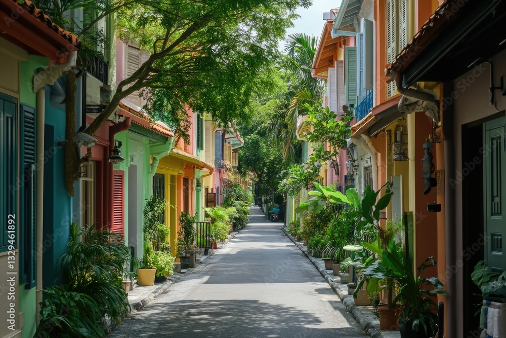 Lush Alleyway of Singapore's Iconic Trees Under a Summer Sky Lush Alleyway of Singapore's Iconic Trees Under a Summer Sky