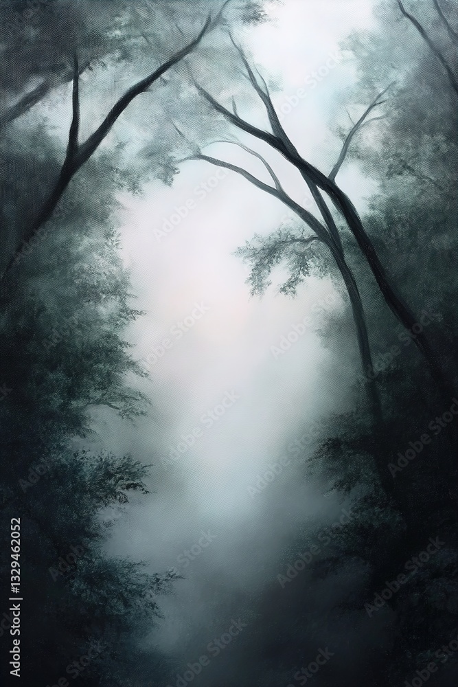 Obraz premium Thick impasto strokes create depth in this acrylic painting of a dark forest at twilight. Muted tones and misty trees evoke a sense of mystery and atmosphere
