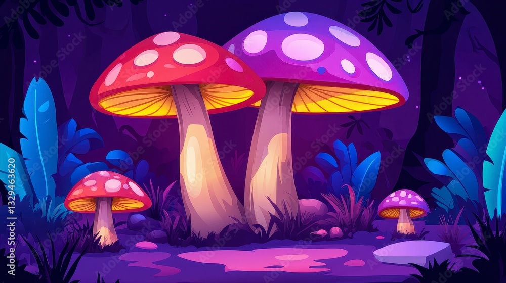 Fototapeta premium Whimsical fantasy forest scene featuring vibrant glowing mushrooms under a starry night sky