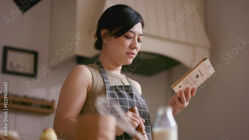 Asian woman wearing a checkered apron stands in a cozy kitchen while cooking, holding a recipe book and reading instructions, surrounded by ingredients like milk, whisk, and baked goods