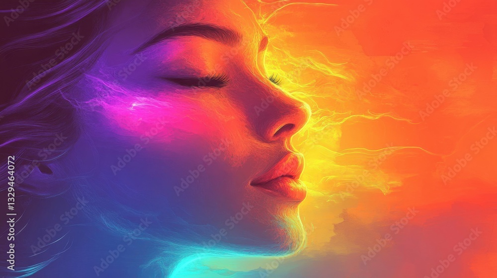 Surreal female profile with vibrant light effects in a dreamlike setting Surreal female profile with vibrant light effects in a dreamlike setting