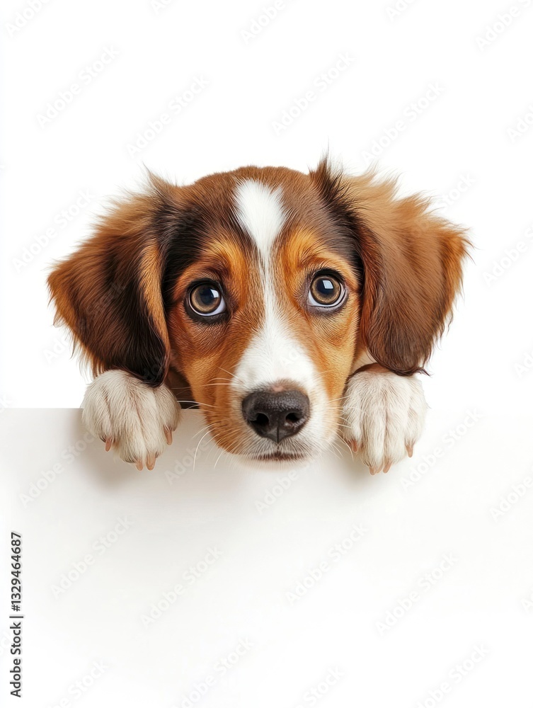 Adorable Dog Puppy Peeking Over Edge with Paws on White Surface Adorable Dog Puppy Peeking Over Edge with Paws on White Surface