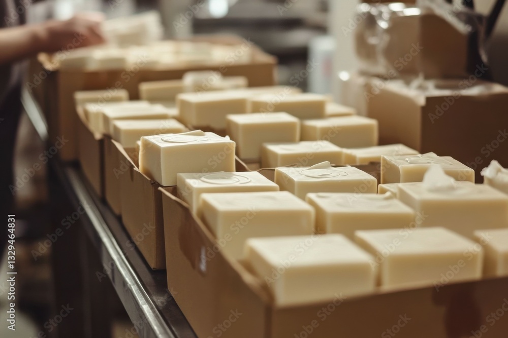 Fototapeta premium Handmade soap bars in cardboard boxes on workshop table