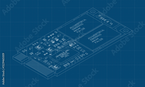 Isometric solid state drive blueprint. Drive ssd storage illustration. SSD M.2 illustration. Computer hardware components. Vector illustration