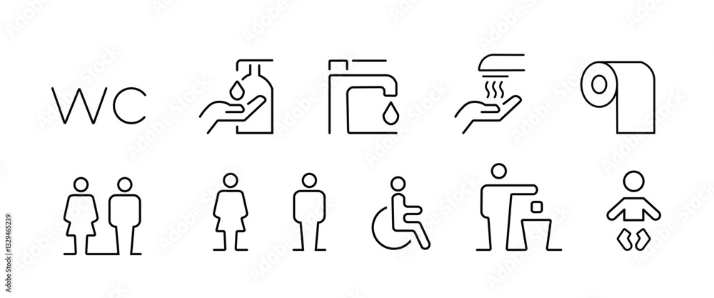 Various simple line icons depicting public toilet facilities and hygiene practices Various simple line icons depicting public toilet facilities and hygiene practices