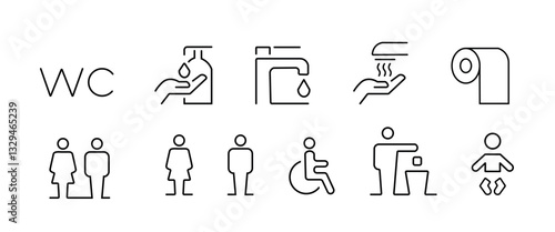 Various simple line icons depicting public toilet facilities and hygiene practices