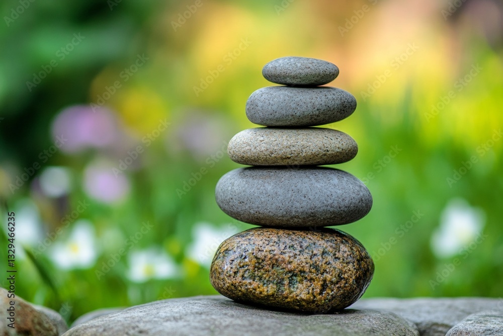 Balanced zen stones in tranquil garden setting with blurred nature background Balanced zen stones in tranquil garden setting with blurred nature background
