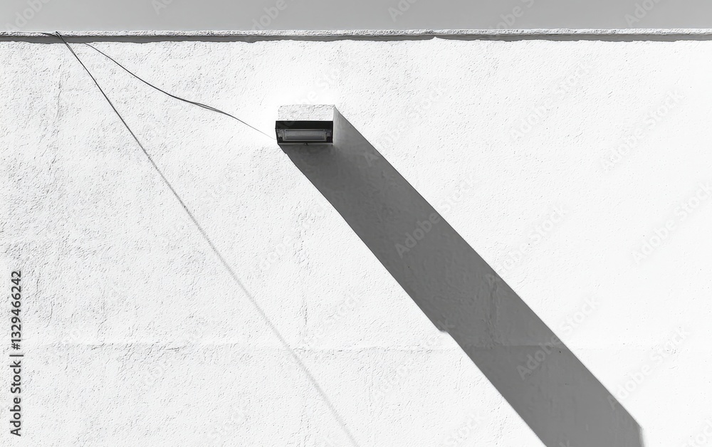 Fototapeta premium Black And White Photo Of A Rectangular Light Fixture Casting A Strong Diagonal Shadow On A Textured White Wall