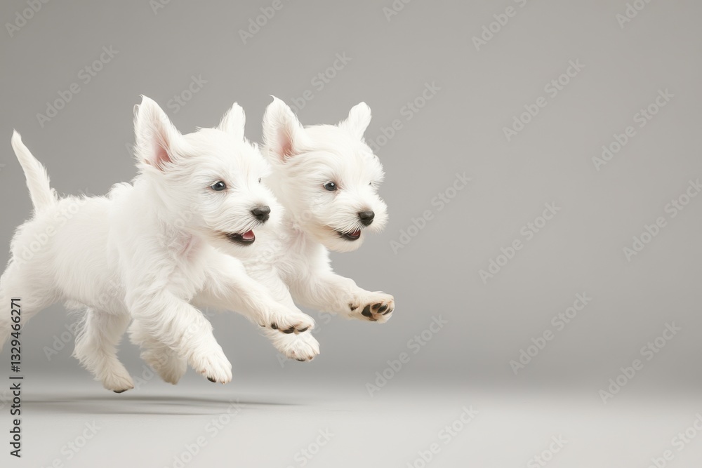 Two playful white puppies are joyfully leaping in a light gray setting, showcasing their energy and cuteness. Two playful white puppies are joyfully leaping in a light gray setting, showcasing their energy and cuteness.