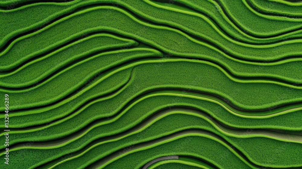 Abstract close-up of layered green textures resembling rolling hills or waves in a serene and tranquil natural environment Abstract close-up of layered green textures resembling rolling hills or waves in a serene and tranquil natural environment