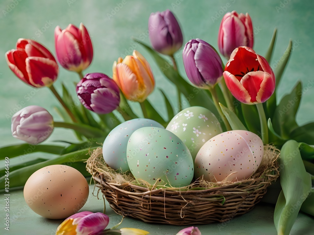 Elegant Easter composition with pastel-painted eggs and vibrant tulips on a fresh green background Elegant Easter composition with pastel-painted eggs and vibrant tulips on a fresh green background