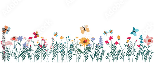 Colorful floral frame with many flowers, grass, ladybugs, butterflies and bees. Flowers in a line at the bottom. Vector illustration
