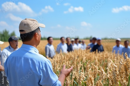 Asian male farmer leading group discussion in wheat field under clear sky