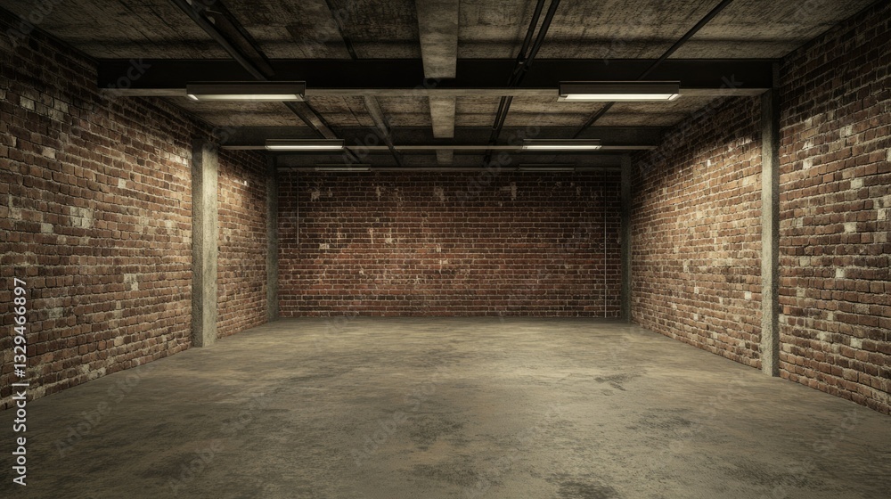 Weathered Brick Garage. 3D Rendering of an Industrial Space with Metal Features and Textured Brown Walls Weathered Brick Garage. 3D Rendering of an Industrial Space with Metal Features and Textured Brown Walls