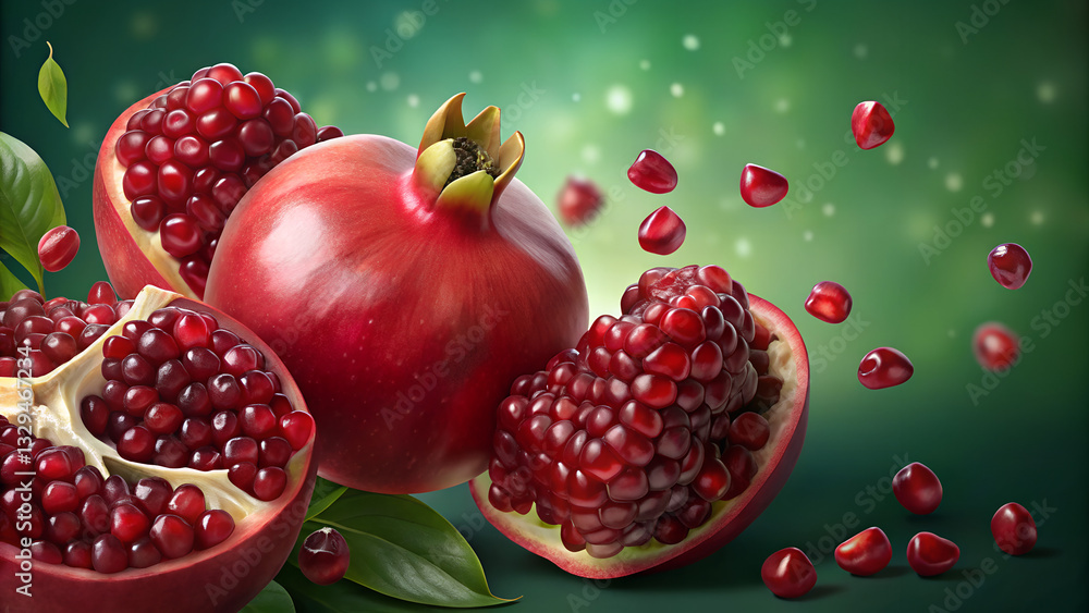 pomegranate background in rich reds and greens, symbolizing abundance and fertility with copy space pomegranate background in rich reds and greens, symbolizing abundance and fertility with copy space