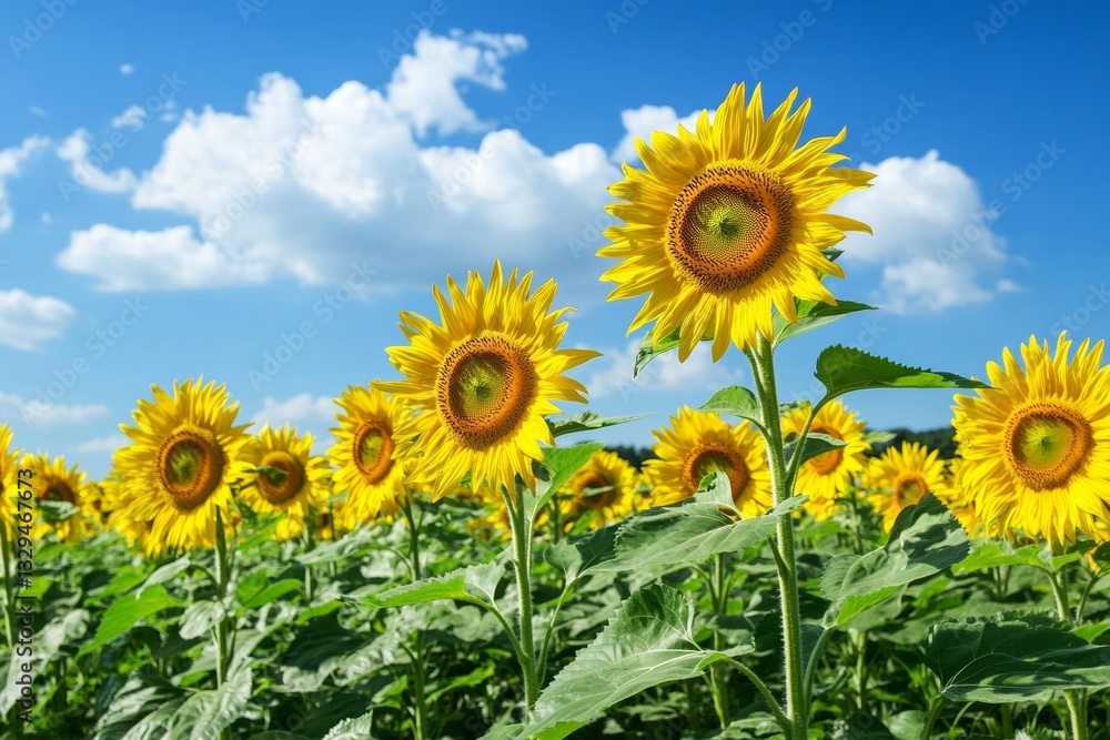Vibrant sunflower field under clear blue sky with white clouds Vibrant sunflower field under clear blue sky with white clouds