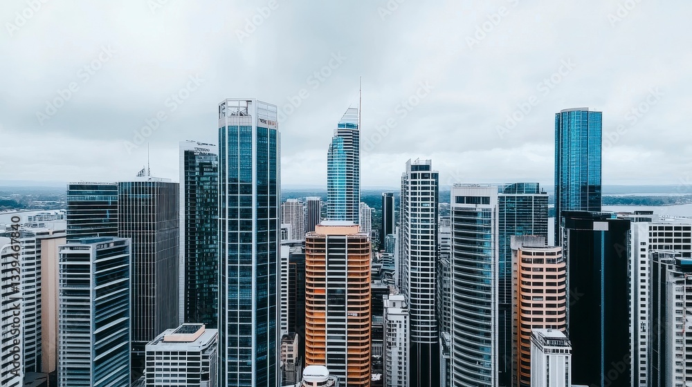 Fototapeta premium A panoramic view of a modern city skyline showcasing a variety of towering skyscrapers under a cloudy sky