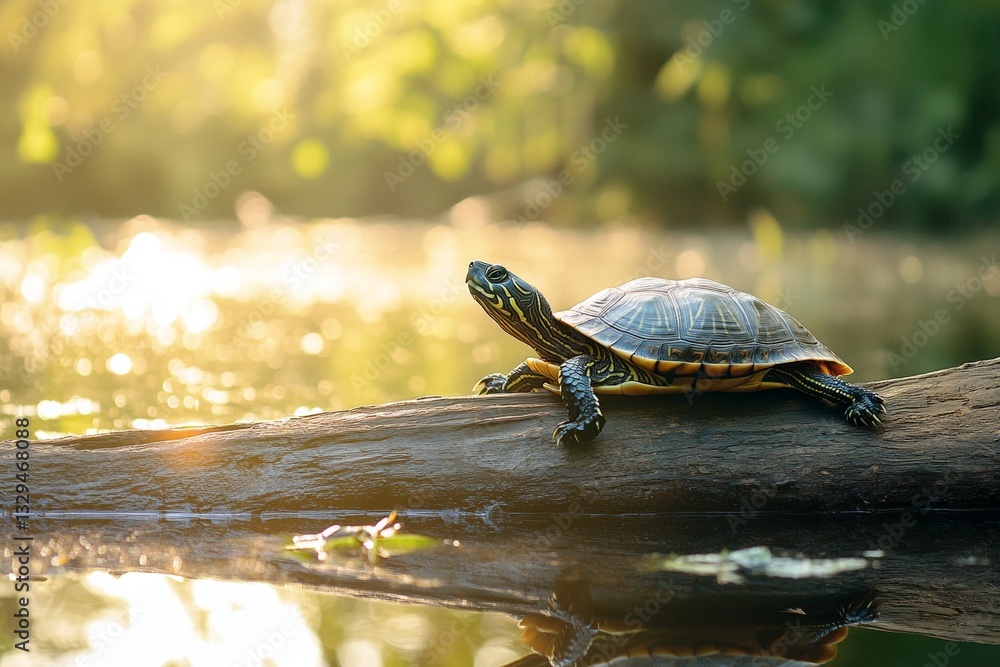 Obraz premium Painted turtle basking on log in serene sunlit pond