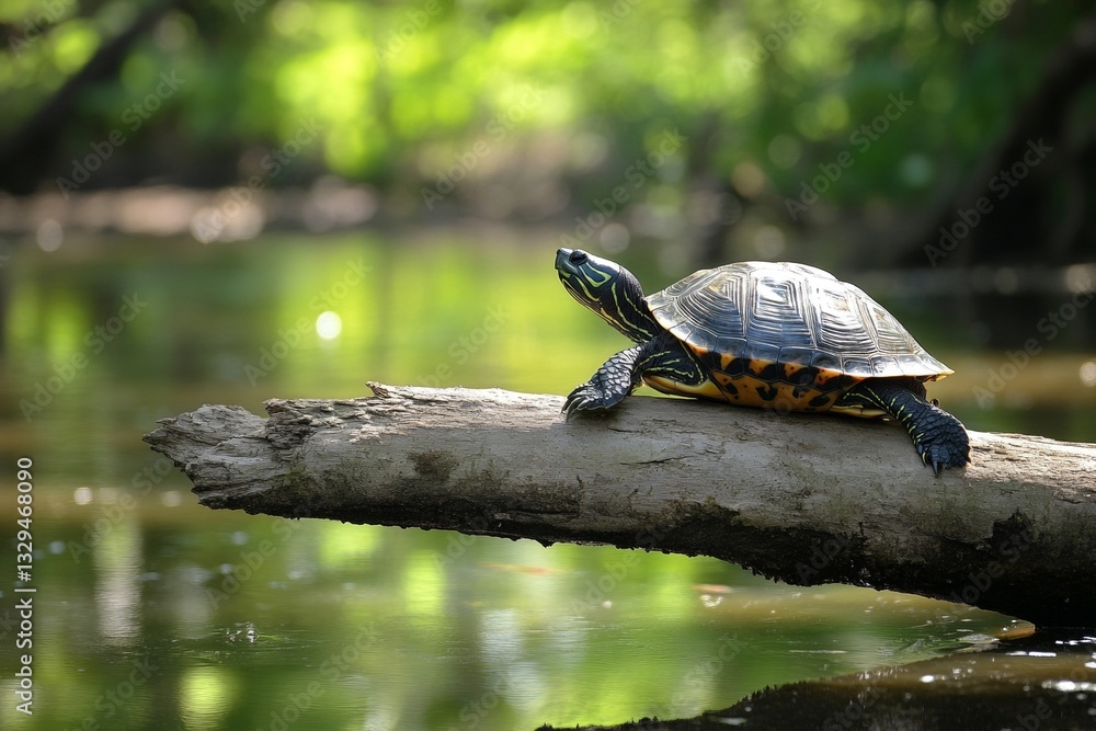 Obraz premium Turtle sunbathing on a log in serene woodland pond