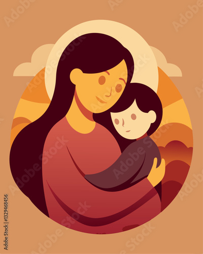 Tender Embrace: A heartwarming Mother's Day illustration of a mother lovingly hugging her child. Mom