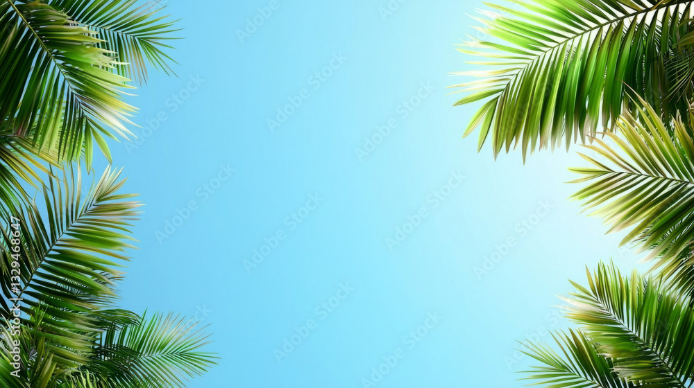 Fototapeta premium Vibrant palm fronds frame a bright blue sky in tropical landscape
