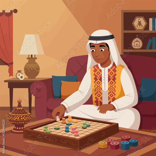 Man Playing Checkers in a Cozy Living Room Setting